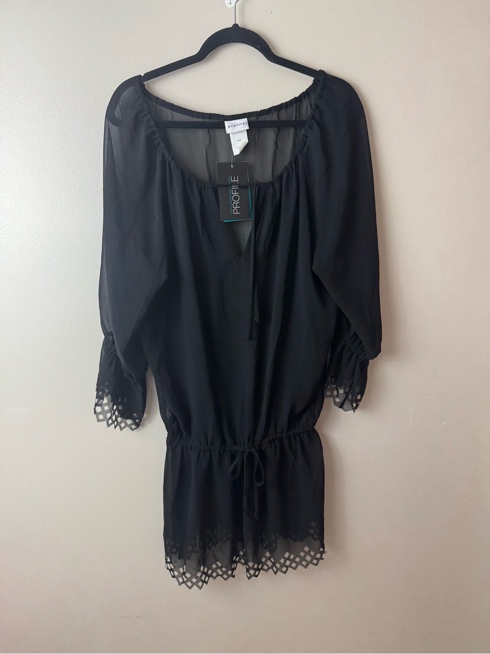 Profile Black Sheer Peasant Tunic with Lace Hem NWT Small
